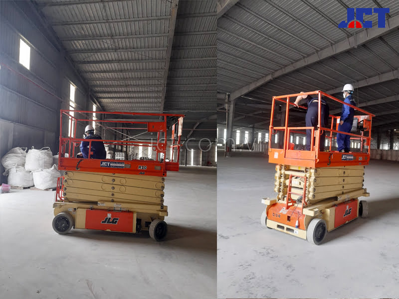 Cho thuê xe nâng người cắt kéo lắp đặt đèn điện trong nhà xưởng tại KCN Đồng Nai 