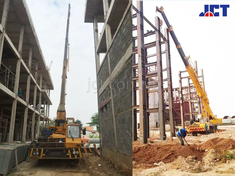 Cho thuê xe cẩu lắp dựng kết cấu và nâng hạ hàng hóa phục vụ xây dựng tại khu công nghiệp Thuận Thành Bắc Ninh 