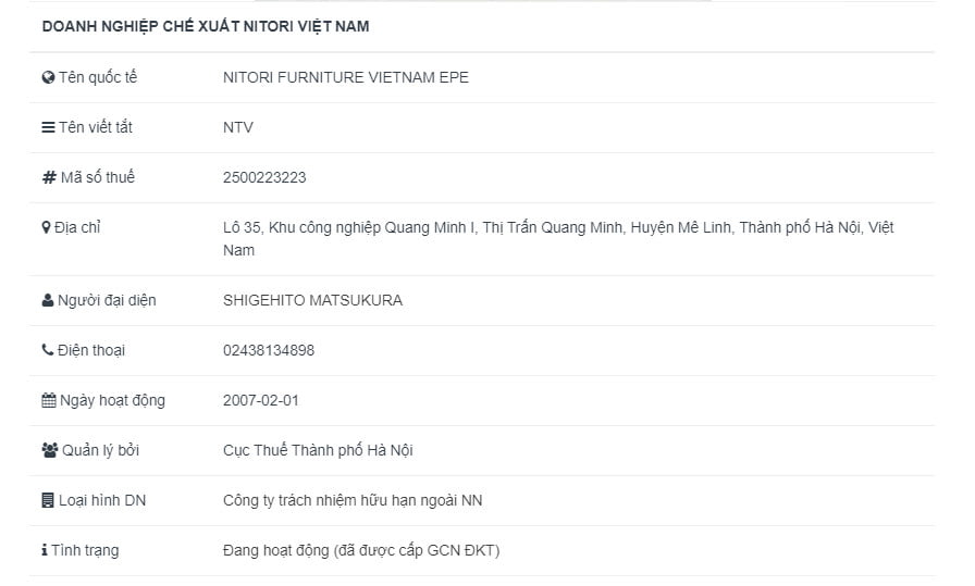 Doanh nghiệp chế xuất Nitori Việt Nam
